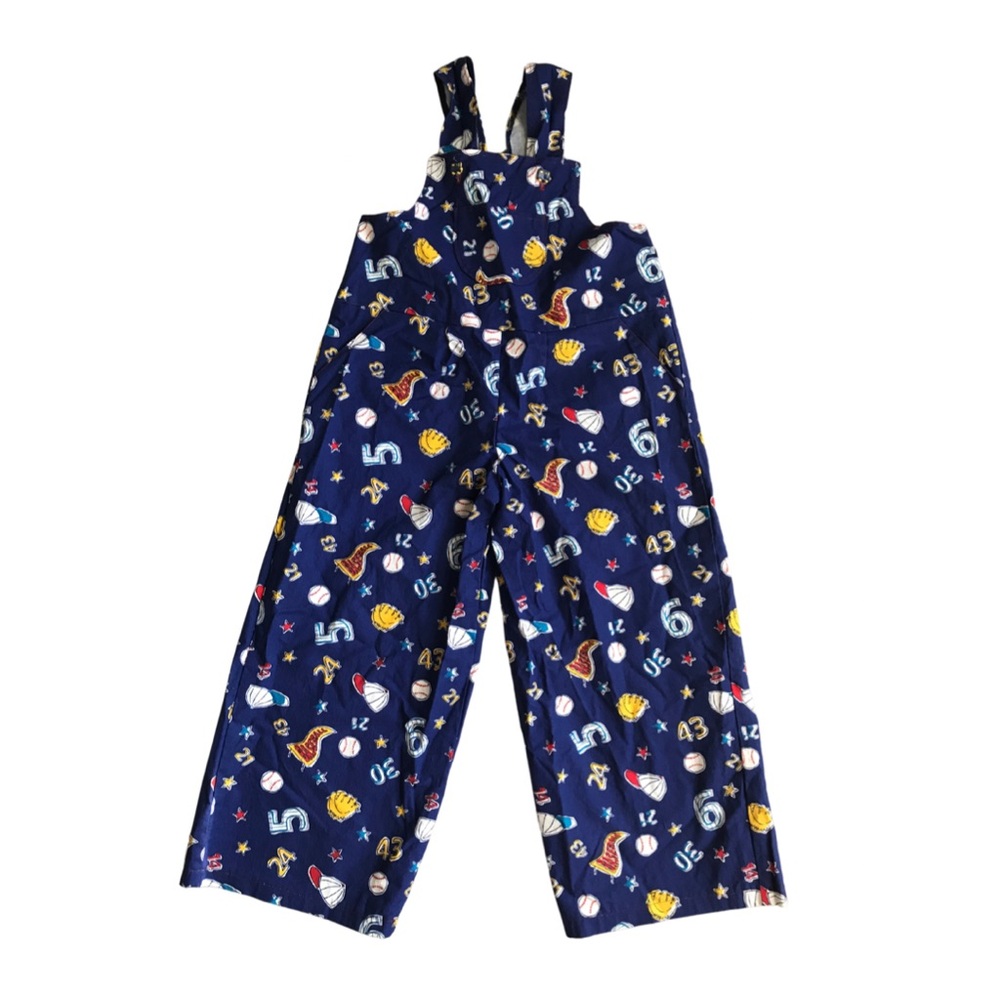 Handmade Baseball Themed Overalls with Train Buttons - Blue with Baseball Theme